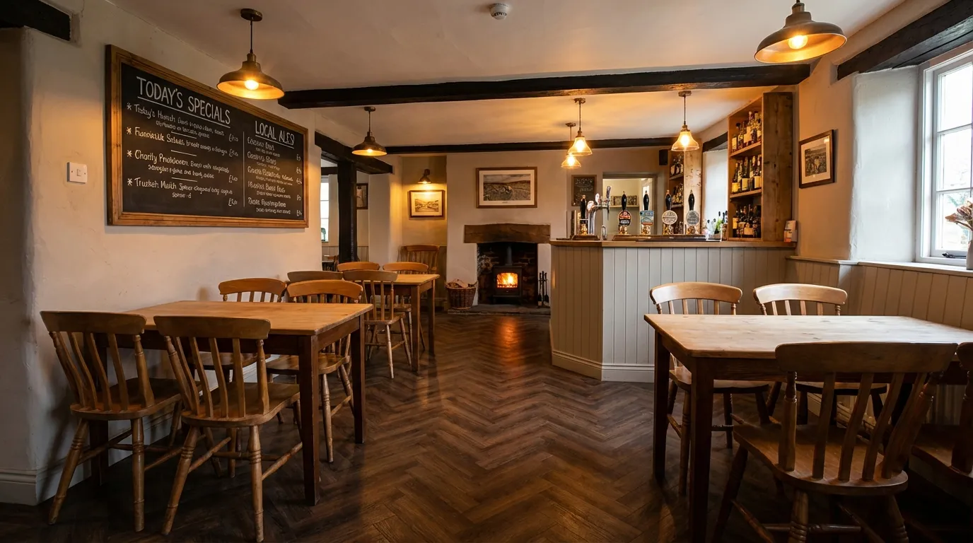 Cafe interior with herringbone flooring