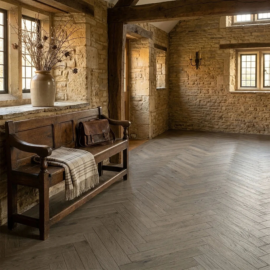 Chene 14mm Herringbone Distressed Brown Oil